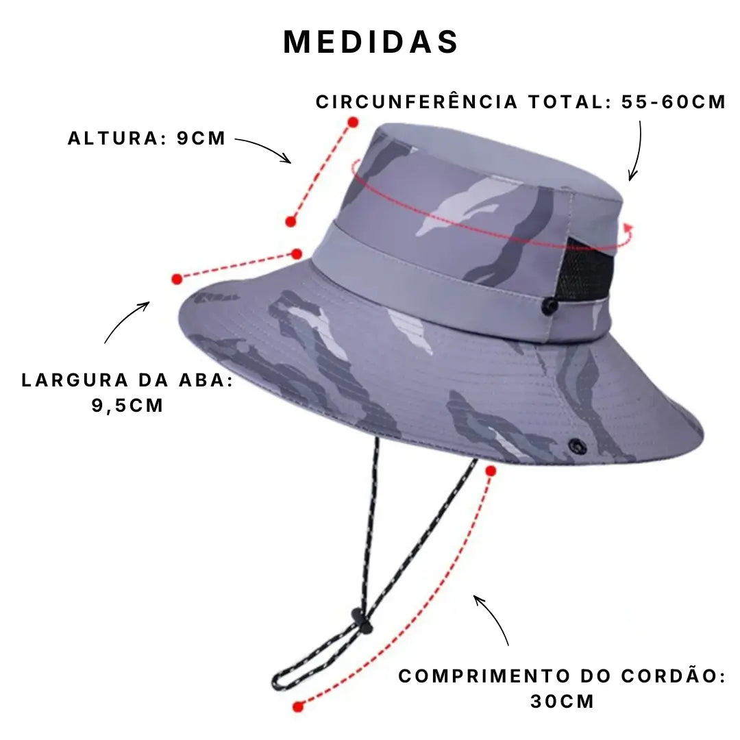 Circunferência total, largura da aba, altura total e comprimento do cordão de ajuste do Chapéu de Pesca Zanter Camo Trek 
