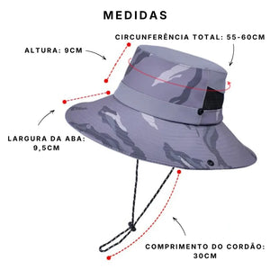 Circunferência total, largura da aba, altura total e comprimento do cordão de ajuste do Chapéu de Pesca Zanter Camo Trek 