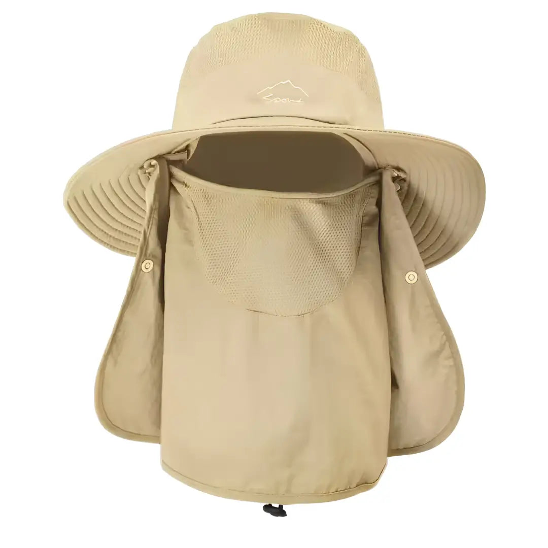 O Chapéu de Pesca Zanter Expedition Pro na cor caqui visto de frente, com sua proteção de rosto em destaque