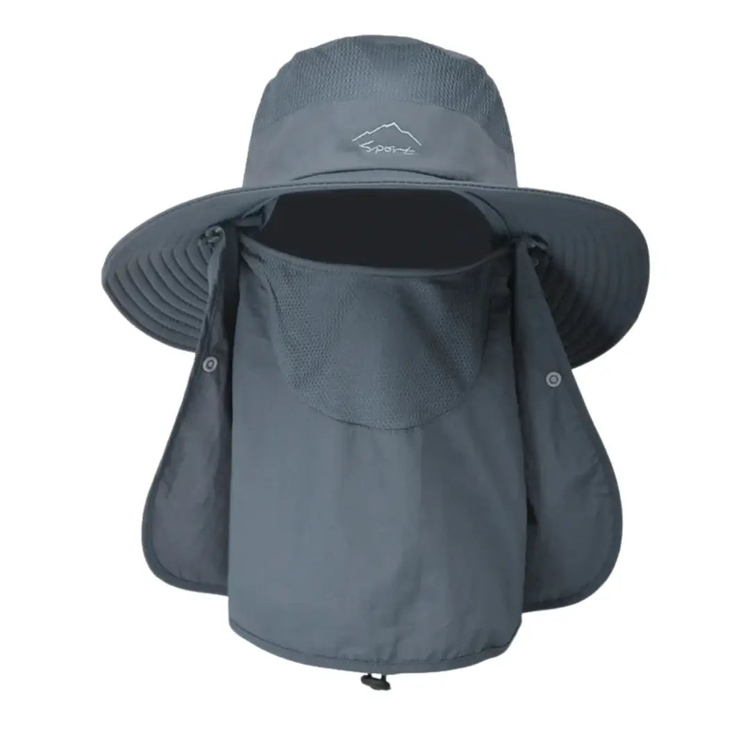 O Chapéu de Pesca Zanter Expedition Pro Cinza visto de frente, com sua proteção de rosto em destaque