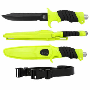 A Faca de Pesca Albatroz Astra sendo mostrada de lado, logo abaixo tem a faca dentro de sua bainha e abaixo dela está seu elástico de prender na perna