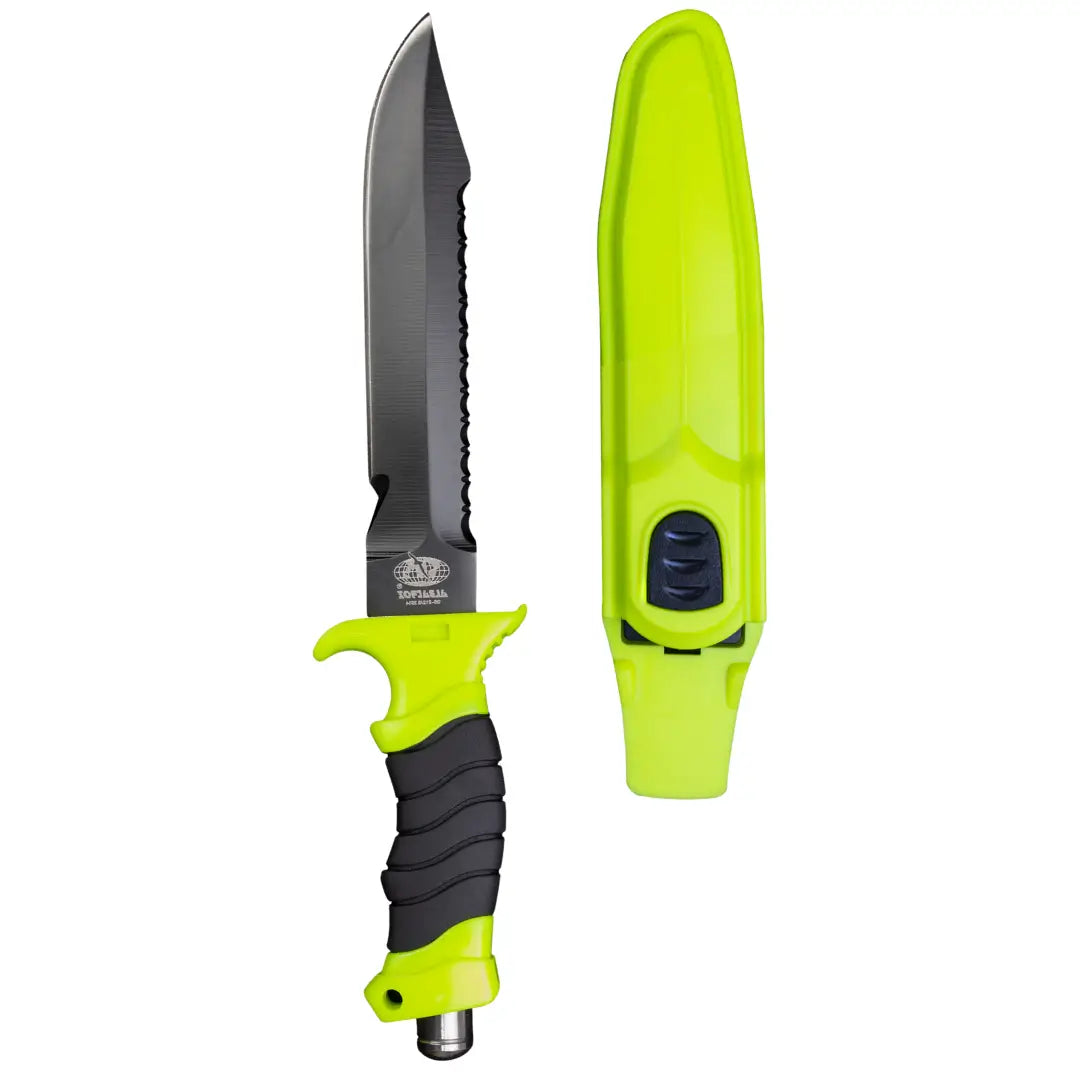 À esquerda está a Faca de Pesca Albatroz Astra e do lado direito está sua bainha de proteção