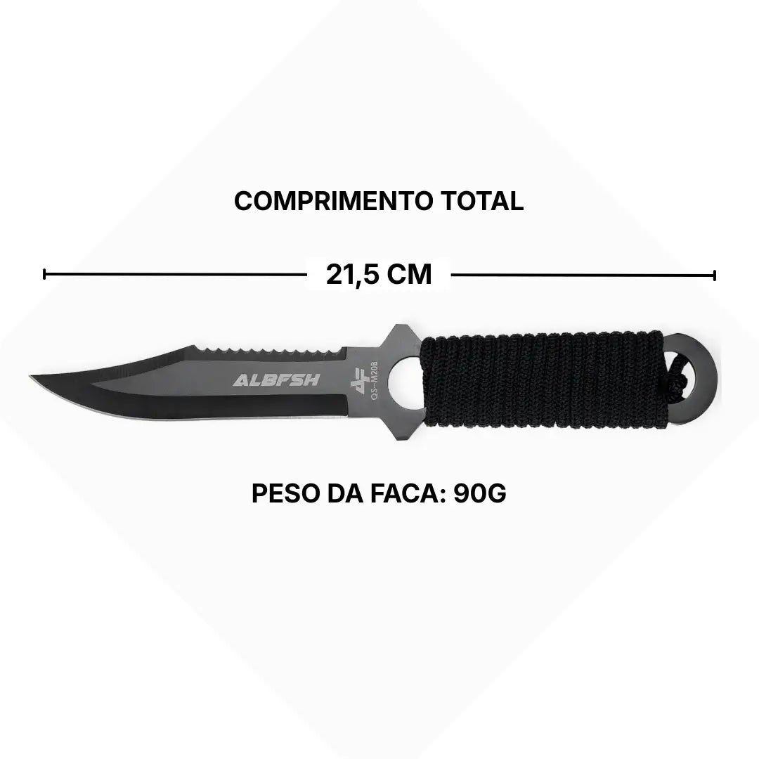 A Faca de Pesca Albatroz Helix no centro, acima mostra seu comprimento total e abaixo tem seu peso