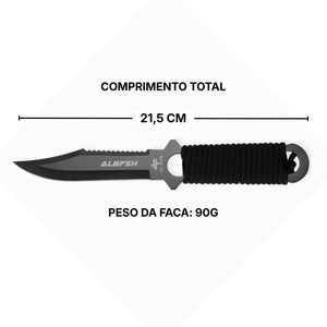 A Faca de Pesca Albatroz Helix no centro, acima mostra seu comprimento total e abaixo tem seu peso