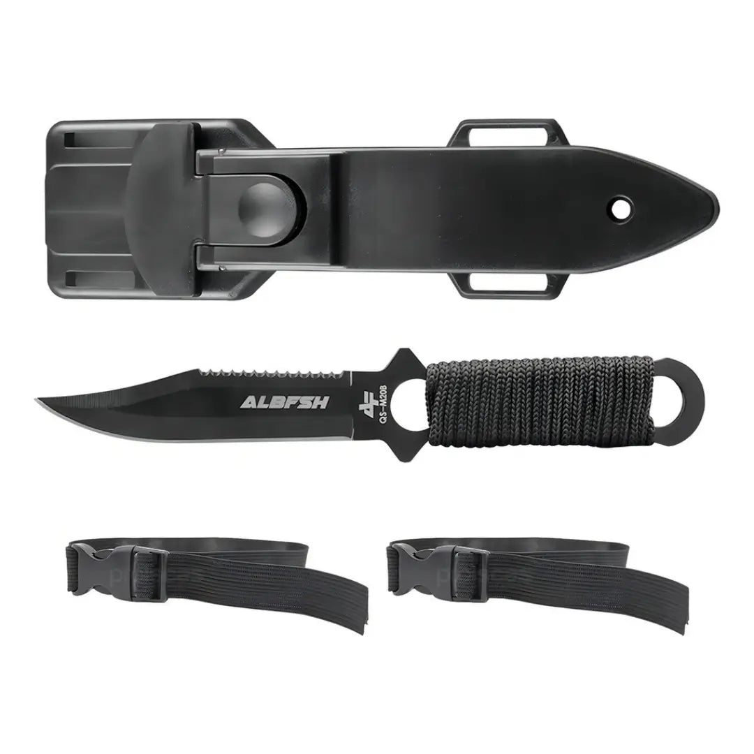 A bainha de proteção, a Faca de Pesca Albatroz Helix e seus dois cordões de prender na perna