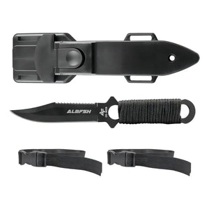 A bainha de proteção, a Faca de Pesca Albatroz Helix e seus dois cordões de prender na perna