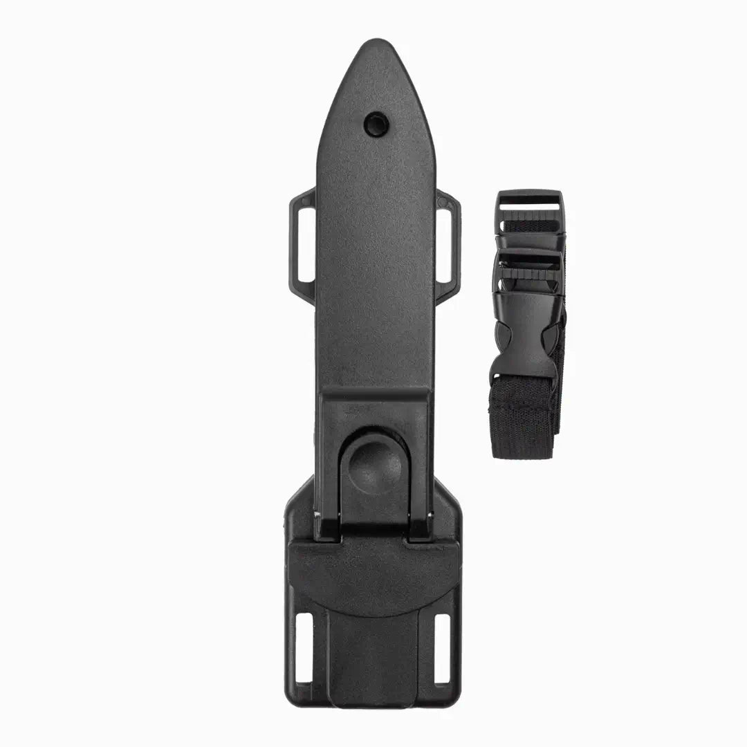 A bainha da Faca de Pesca Albatroz Strix na cor preta em foco, ao lado seus 2 cordões de prender na perna