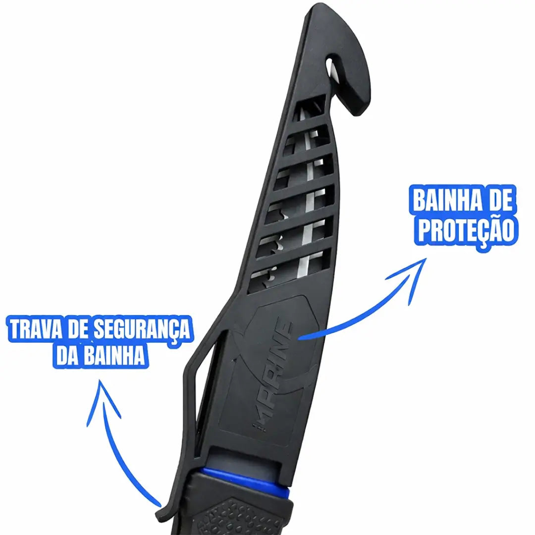 A bainha da Faca de Pesca Marine Sports Fileteiraem destaque, com uma informação sobre sua trava de segurança