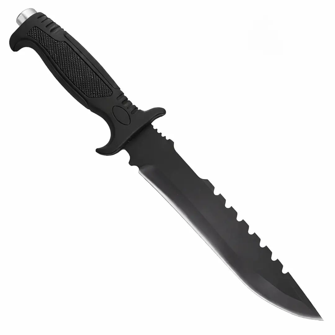 A Faca de Pesca Albatroz Ritf com sua ponta para baixo, com destaque para sua lâmina serrilhada no dorso da faca