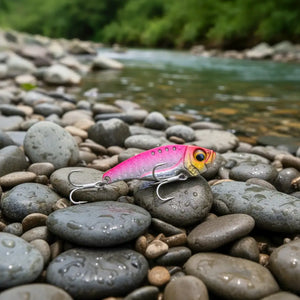 Isca Artificial Metal Jig Blade Bait na cor rosa em cima das pedras ao lado de um rio