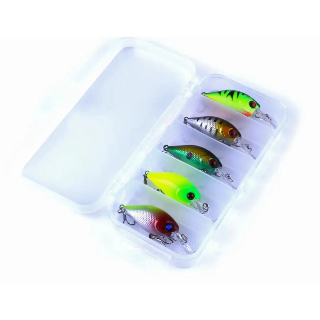 As 5 peças da Isca Artificial Mini Crank dentro do seu estojo com a tampa aberta