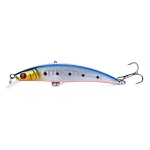 A Isca Artificial Minnow Hunter na cor azul vista de lado, com sua garateia amostra