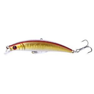 A Isca Artificial Minnow Hunter na cor dourada vista de lado, com sua garateia amostra