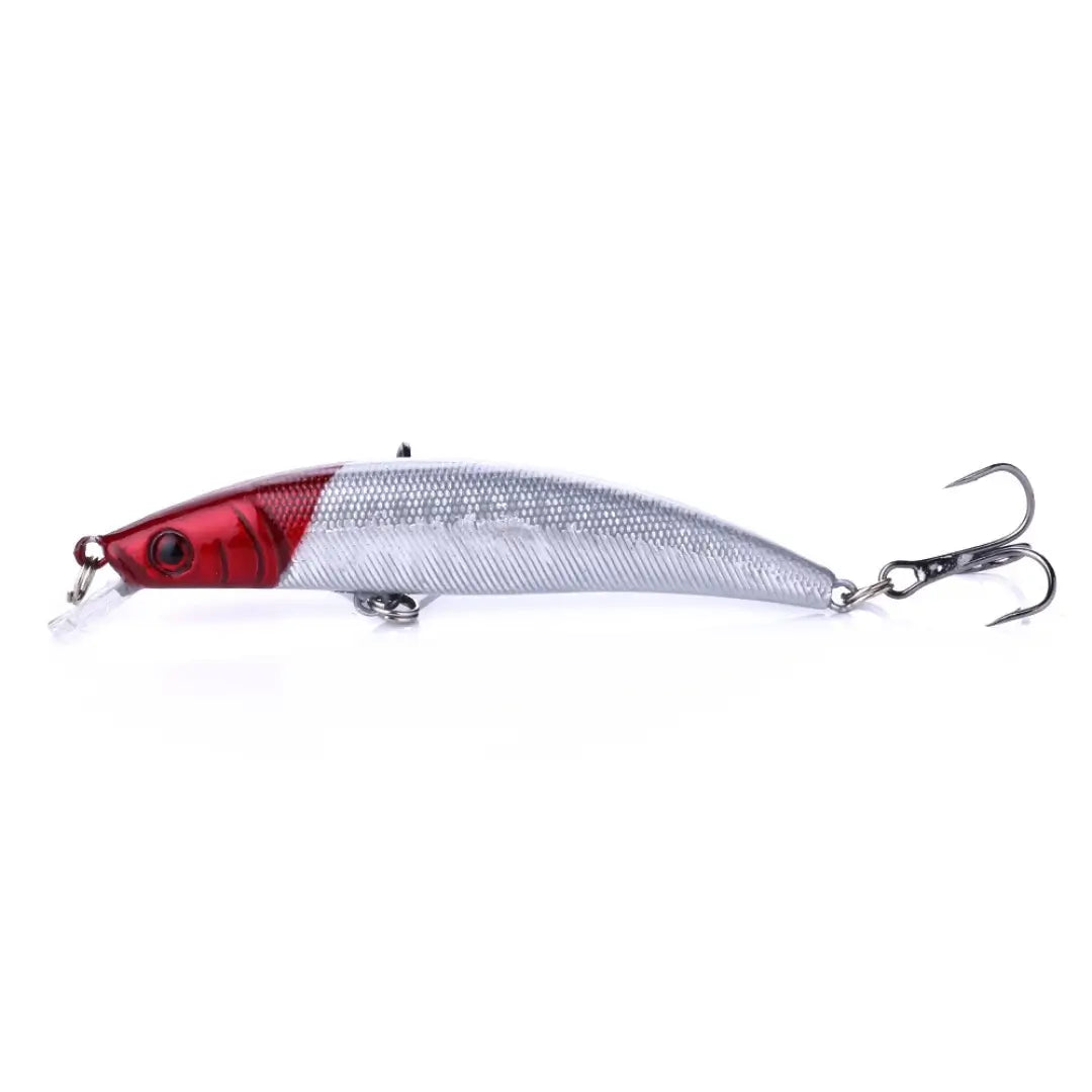 A Isca Artificial Minnow Hunter na cor cabeça vermelha vista de lado, com sua garateia amostra