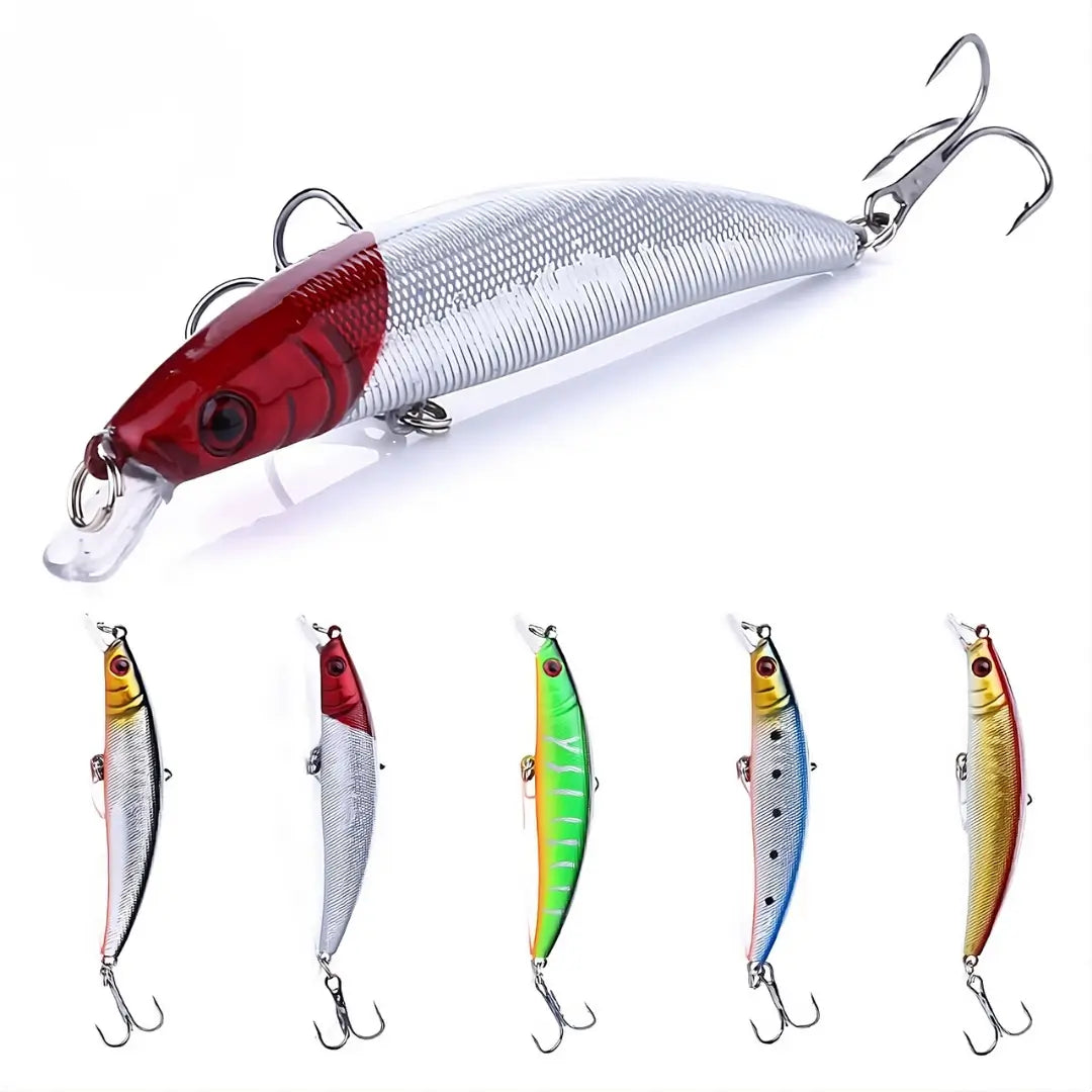 A Isca Artificial Minnow Hunter na cor cabeça vermelha em cima em foco, e abaixo o kit com as 5 peças