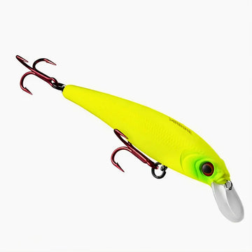 Isca Artificial Savage 65 na cor Lemon Flash vista do lado direito, com suas garateias vermelhas para trás