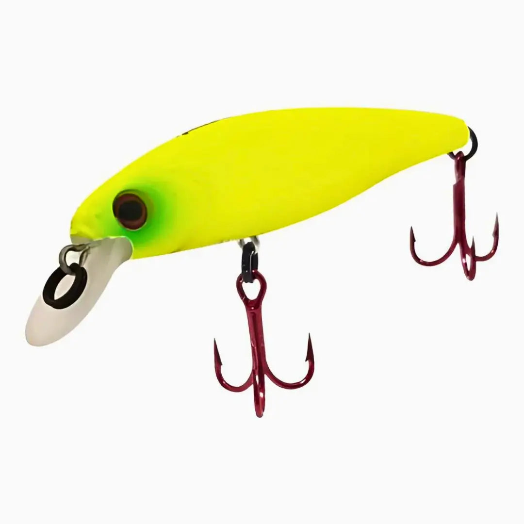 Isca Artificial Savage 65 Cor Lemon Flash da Marine Sports mostrada do lado esquerdo, com suas garateias vermelhas e seu split ring