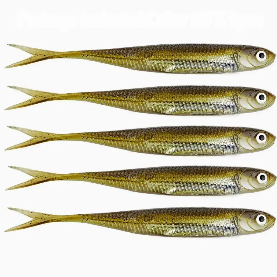 5 Isca Artificial Soft Shad na cor Gold baitfish vistas do lado direito, mostrando seus detalhes e acabamento