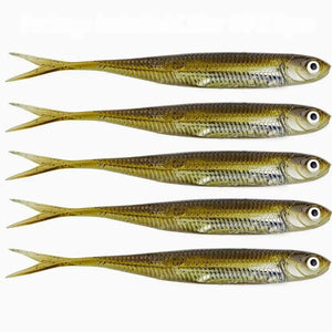 5 Isca Artificial Soft Shad na cor Gold baitfish vistas do lado direito, mostrando seus detalhes e acabamento