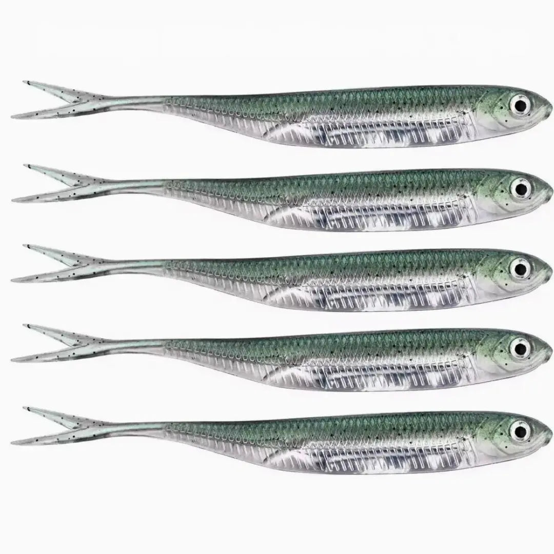5 Isca Artificial Soft Shad na cor Green Minnow vistas do lado direito, mostrando seus detalhes e acabamento