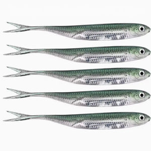 5 Isca Artificial Soft Shad na cor Green Minnow vistas do lado direito, mostrando seus detalhes e acabamento