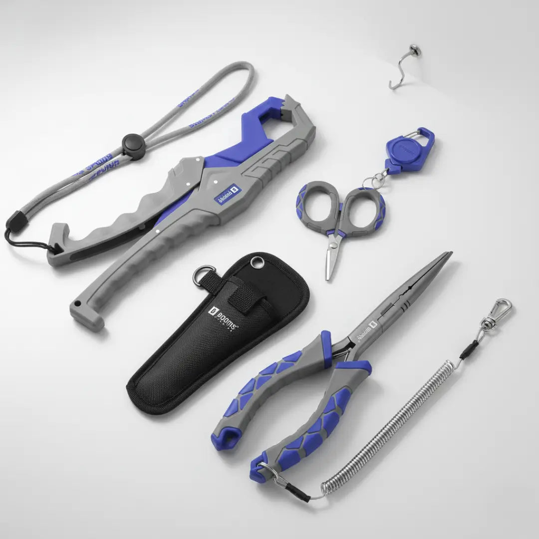 Alicate bico longo carbon e sua bainha, tesoura trimmer e seu chaveiro e alicate de contenção clamp deitados sobre uma mesa cinza