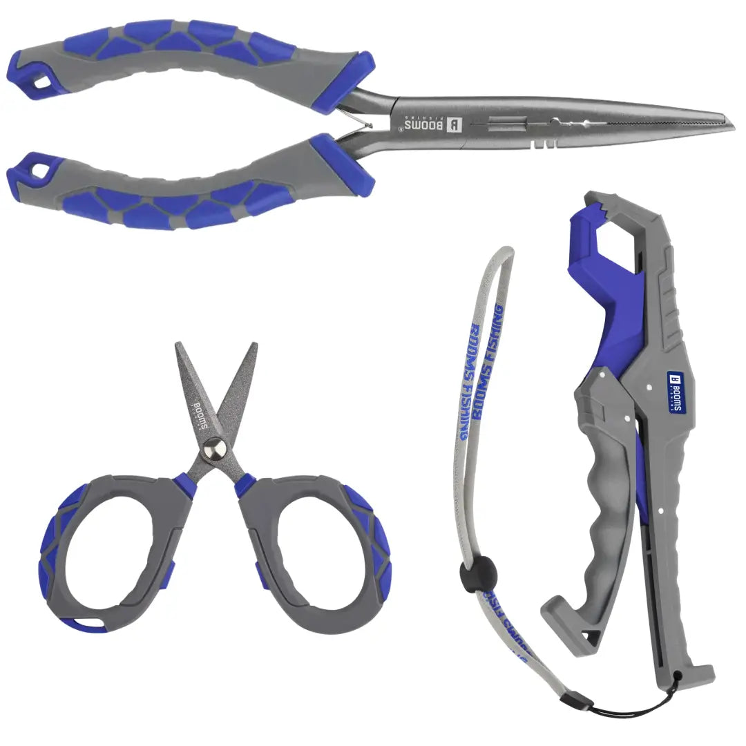 Alicate bico longo carbon em cima, tesoura trimmer à esquerda e o alicate de contenção clamp à direita