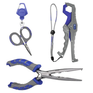 Tesoura trimmer na esquerda, o alicate de contenção clamp na direita e abaixo o alicate de bico longo carbon