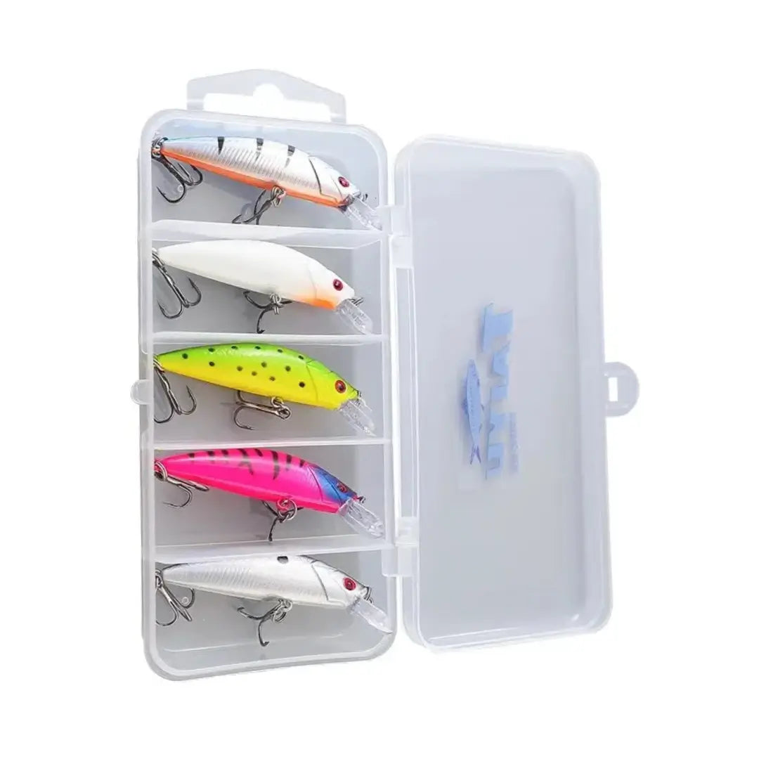 Kit Isca Artificial Minnow Wave com estojo plástico aberto na posição vertical e cinco iscas tipo minnow