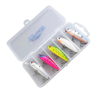 Kit Isca Artificial Minnow Wave com cinco iscas tipo minnow em compartimentos individuais do estojo