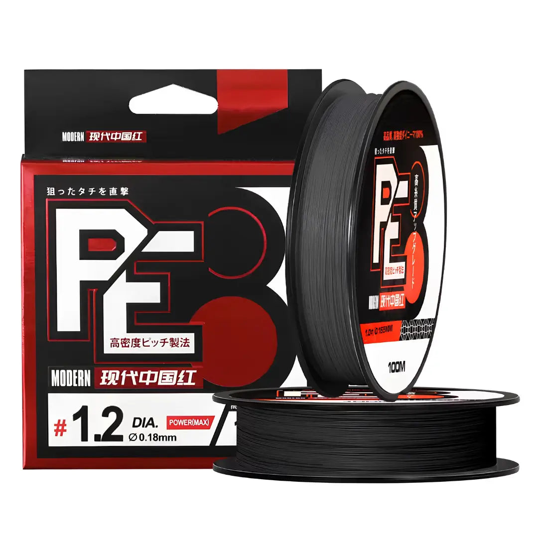 Carretel da Linha de Pesca multifilamento Zukibo 8 fios 300m na cor preta, com sua caixa ao lado