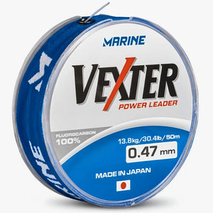 Carretel da Linha Fluorcarbono Marine Vexter 0.47mm visto de frente, com informações escritas nele