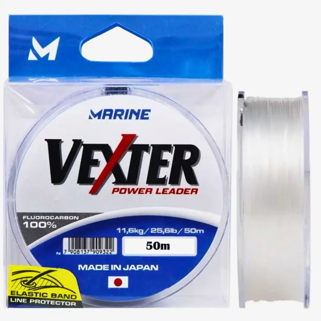 Caixa da Linha Fluorcarbono Marine Vexter do lado esquerdo, e seu carretel visto de lado, ao lado esquerdo
