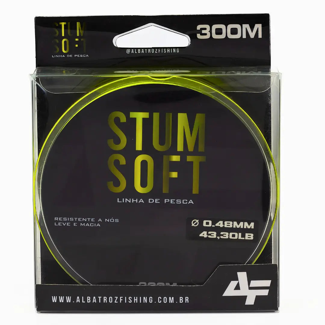 Carretel da Linha Monofilamento Albatroz Stum Soft dentro da sua caixa, visto de frente