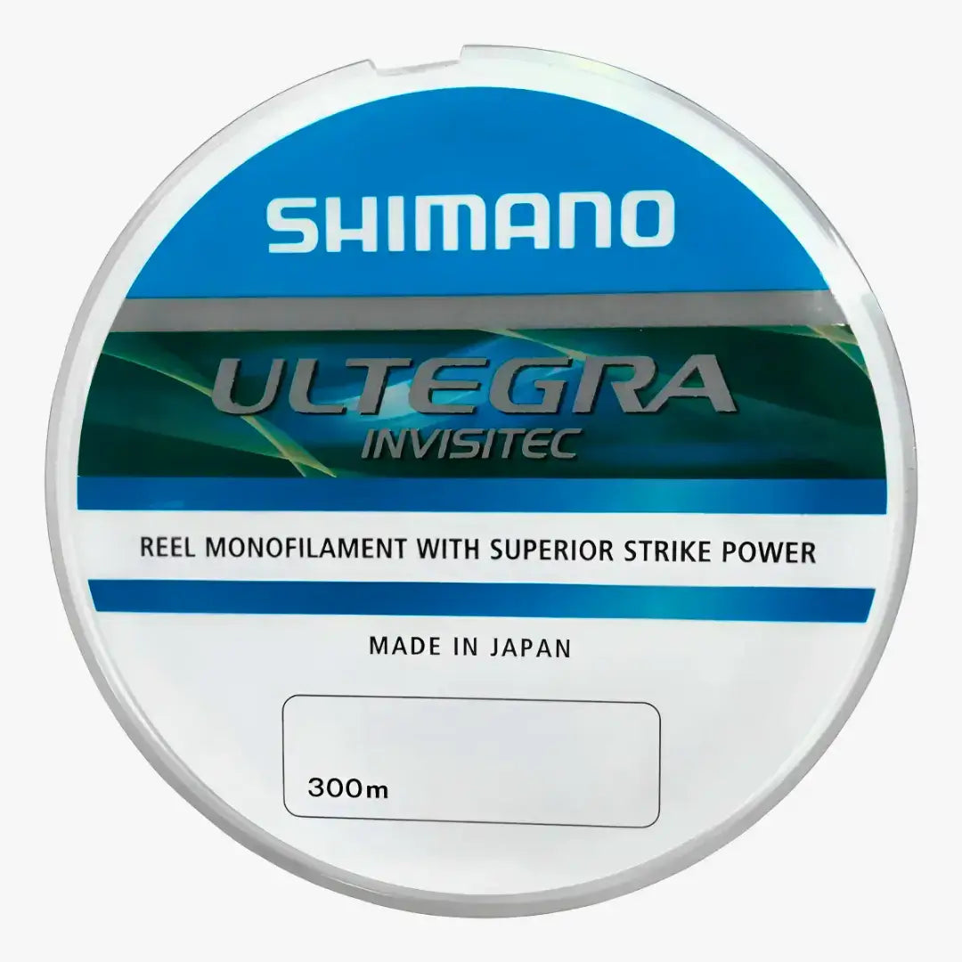 Carretel da Linha Monofilamento Shimano Ultegra Invisitec visto de frente, com informações e sua metragem