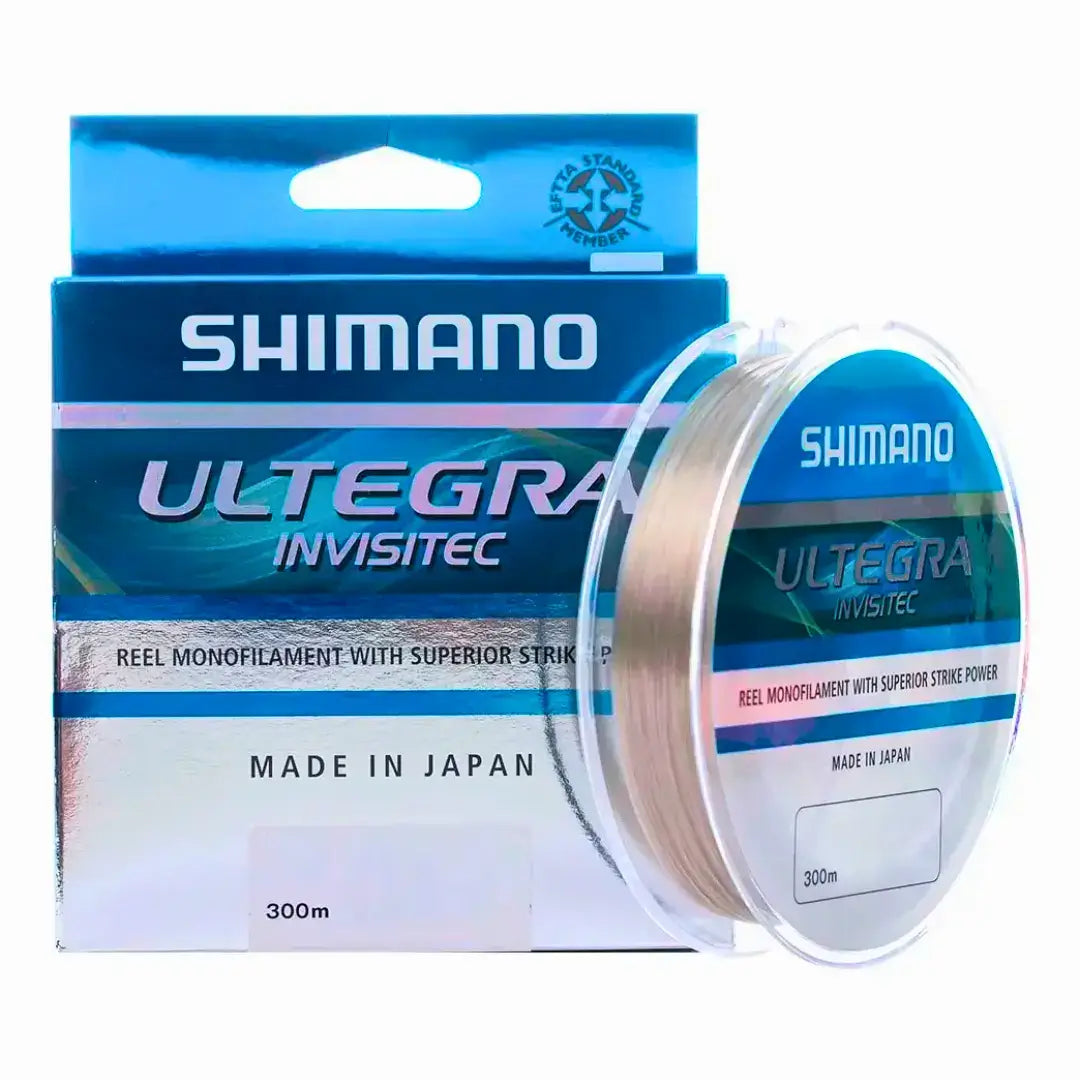 Caixa da Linha Monofilamento Shimano Ultegra Invisitec de frente ao lado esquerdo, e o carretel do lado direito, mostrado de lado