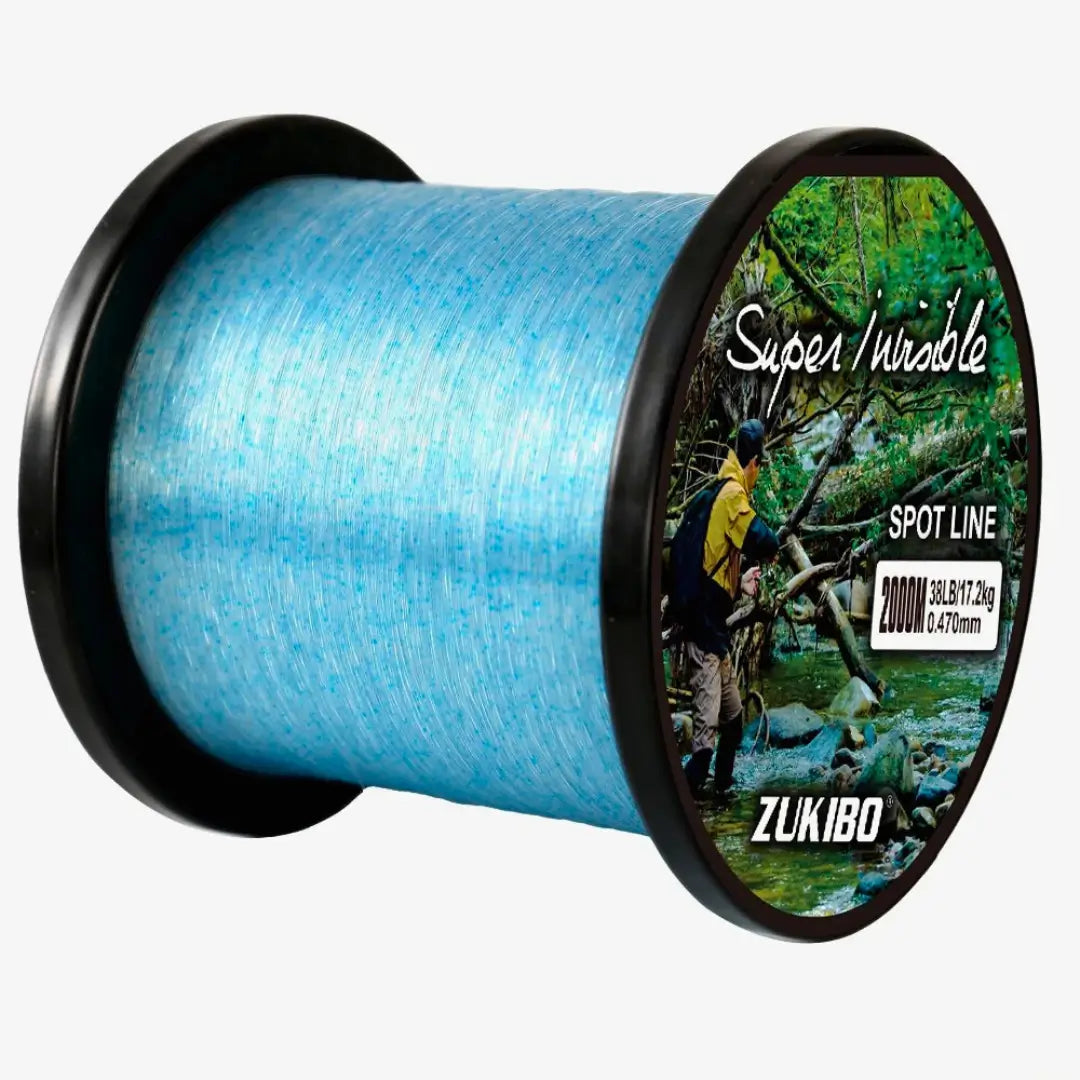 Carretel da Linha Monofilamento Zukibo Super Invisible 500M na cor azul visto de lado