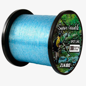 Carretel da Linha Monofilamento Zukibo Super Invisible 500M na cor azul visto de lado