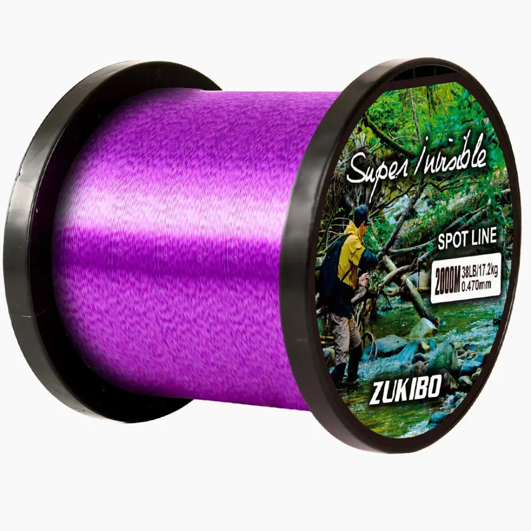 Carretel da Linha Monofilamento Zukibo Super Invisible na cor roxa em foco, visto de lado