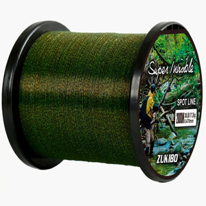 Um carretel da Linha Monofilamento Zukibo Super Invisible na cor verde vista de lado