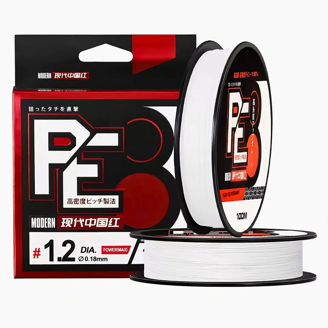 Carretel da Linha multifilamento Zukibo 8 fios 100m na cor branca, com sua caixa ao lado