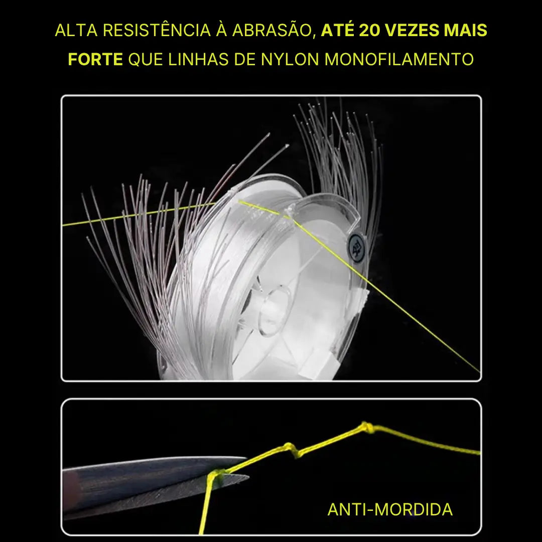 Carretel de linha monofilamento sendo cortado pela Linha multifilamento 8 fios Zukibo