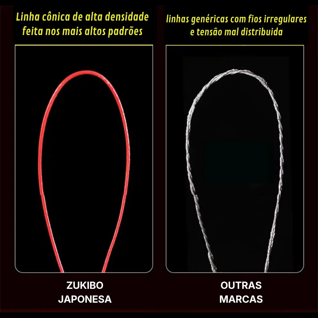 Comparação entre a linha multifilamento 8 fios Zukibo e uma linha branca de outra marca, ambas exibidas em fundo preto