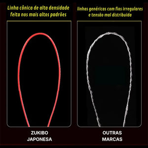 Comparação entre a linha multifilamento 8 fios Zukibo e uma linha branca de outra marca, ambas exibidas em fundo preto