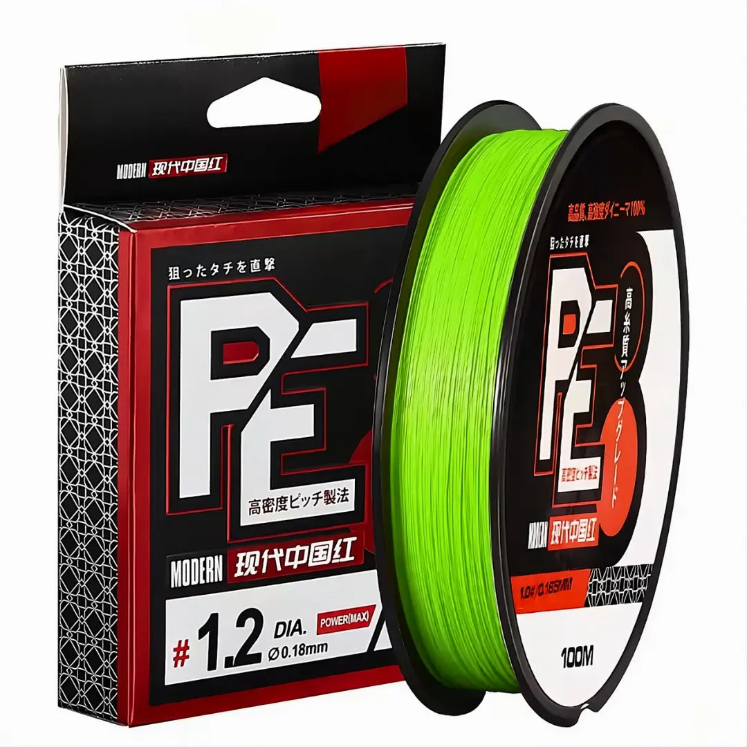 Carretel da Linha multifilamento Zukibo na cor verde, com sua caixa ao lado