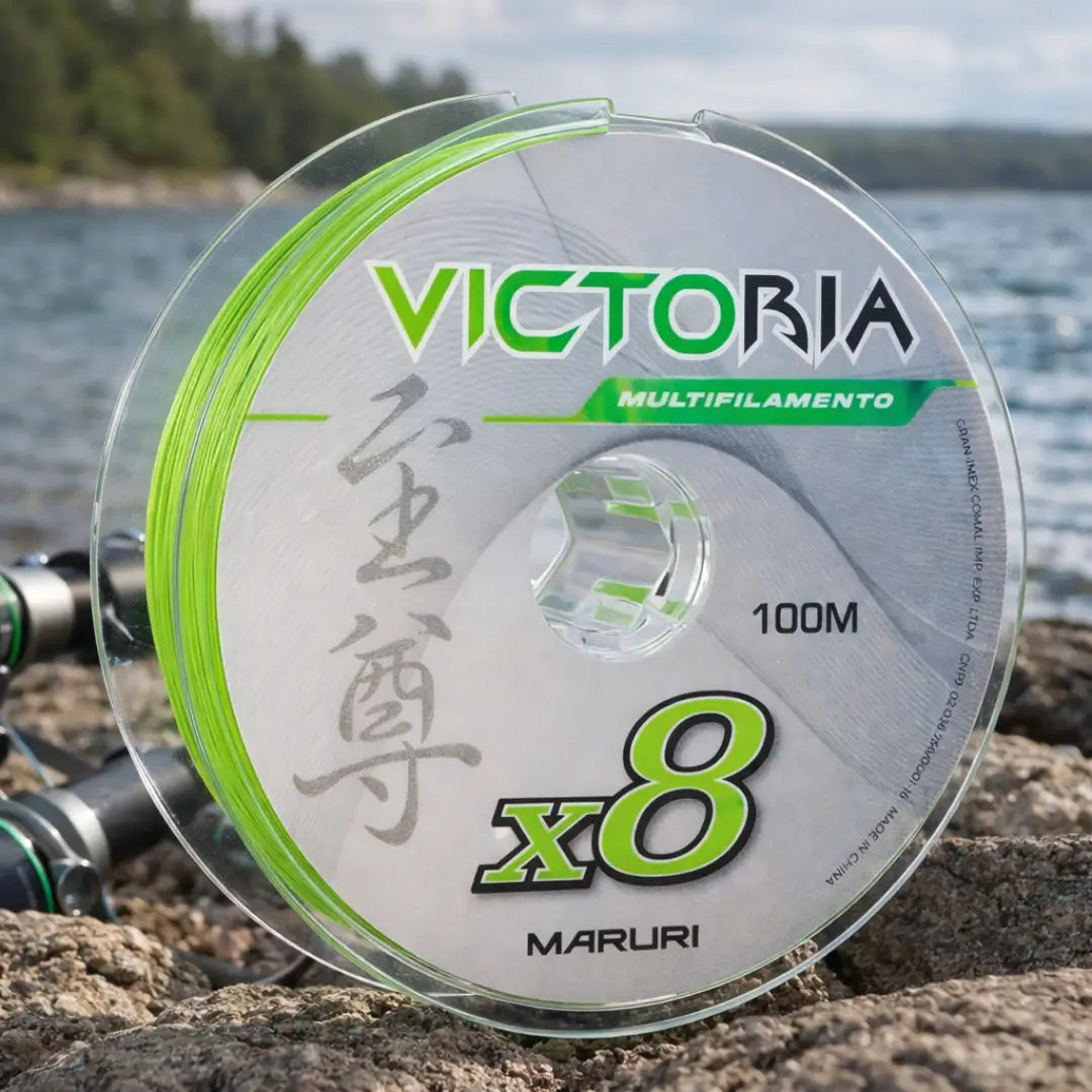 A linha de pesca multifilamento maruri victoria em cima de uma pedra, com o mar em desfoque ao fundo