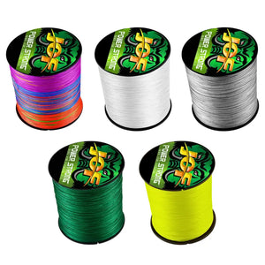 Cinco carretéis da Linha Multifilamento JOF 4x em cores variadas em foco, com o fundo branco