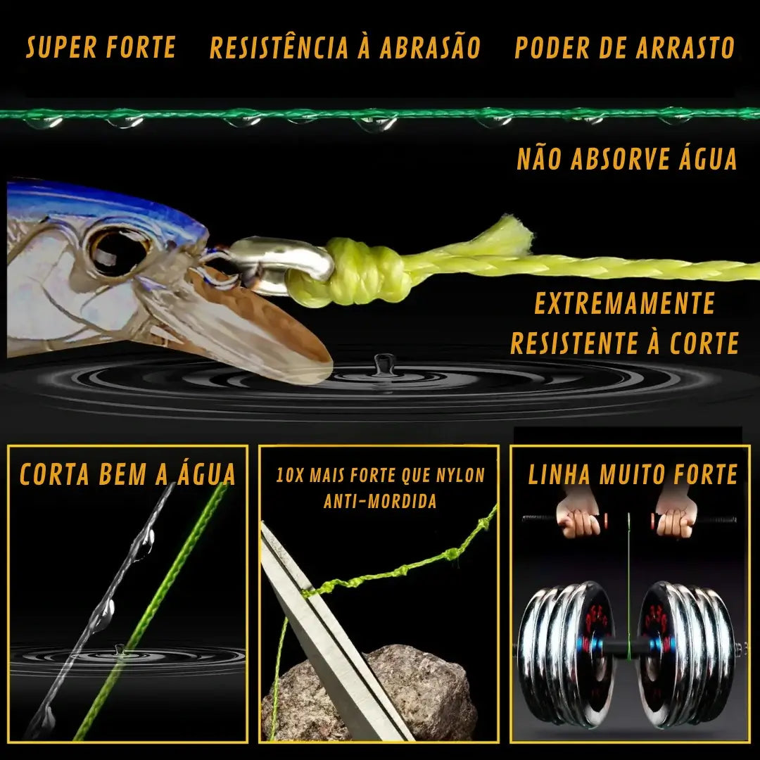 Linha multifilamento Jof Power 4x amarrada em uma isca artificial, com duas linhas, uma tesoura e um peso abaixo