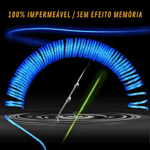 Linha multifilamento Jof Power 4x na cor azul enrolada na parte de cima, com dois outros fios de linha branco e verde na parte de baixo