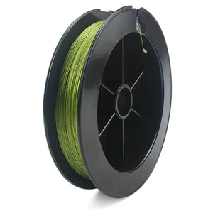 Um carretel mostrado de costas da Linha Multifilamento JOF Pure na cor verde lodo